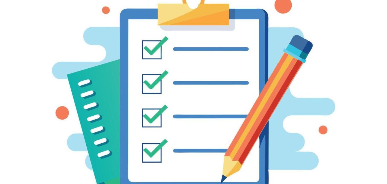 a-brightly-colored-cartoon-illustration-of-a-completed-checklist-with-a-pencil-and-clipboard-vector